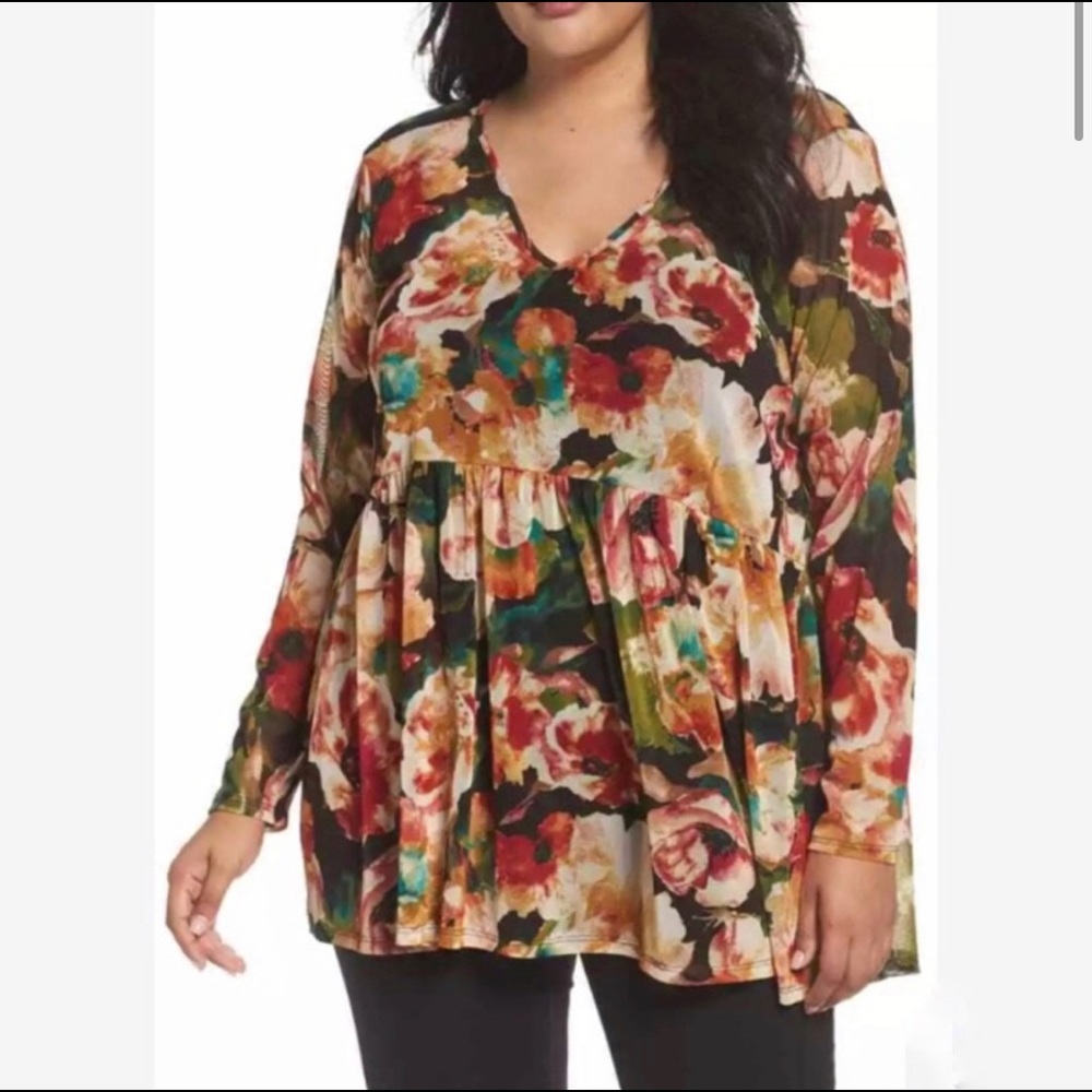 Sejour Long Sleeve Floral Mesh Babydoll Blouse
